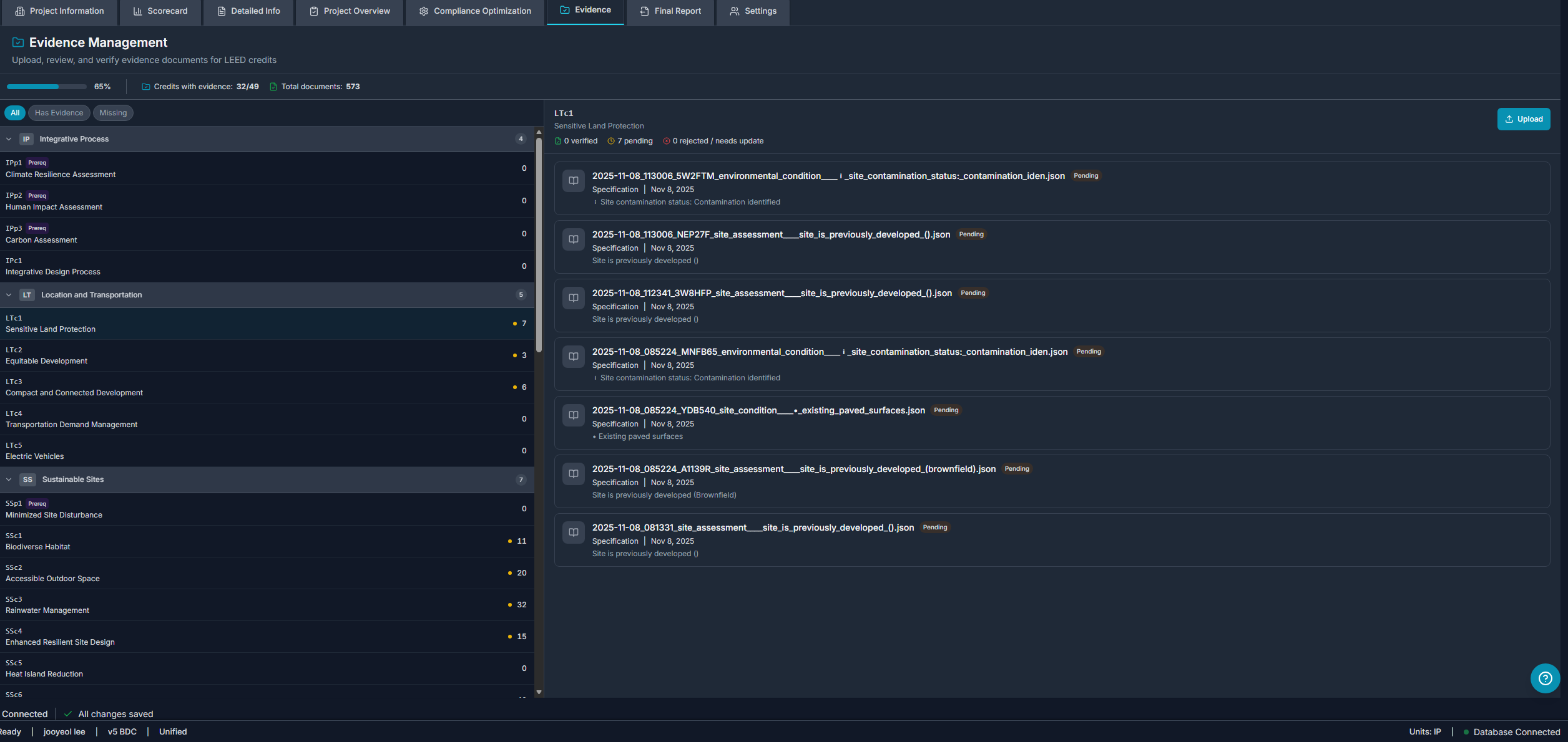 LEED evidence management interface showing credit-linked documentation